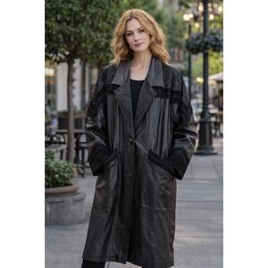 Vintage Winlit Black Leather Paisley Pattern Long Coat - Size Small